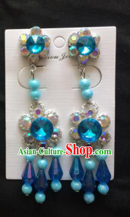 Chinese Beijing Opera Diva Blue Beads Tassel Earrings Traditional Peking Opera Princess Ear Accessories for Women