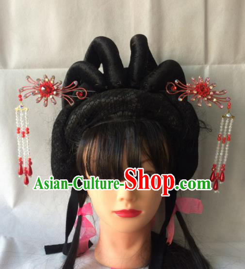 Chinese Beijing Opera Diva Red Hairpins Traditional Peking Opera Princess Hair Accessories for Women