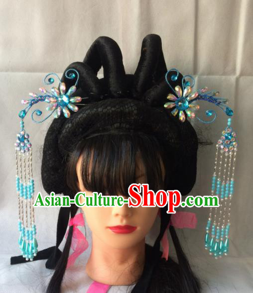 Chinese Beijing Opera Diva Blue Phoenix Hairpins Traditional Peking Opera Princess Hair Accessories for Women