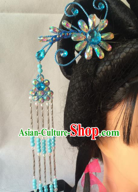 Chinese Beijing Opera Diva Blue Phoenix Hairpins Traditional Peking Opera Princess Hair Accessories for Women