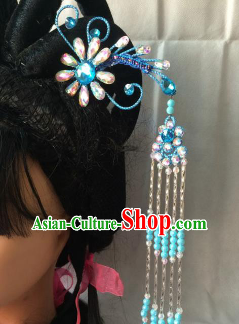 Chinese Beijing Opera Diva Blue Phoenix Hairpins Traditional Peking Opera Princess Hair Accessories for Women
