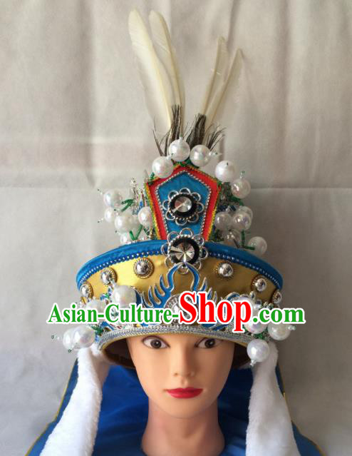 Chinese Beijing Opera Takefu Blue Hat Traditional Peking Opera Swordsman Helmet Headwear for Men