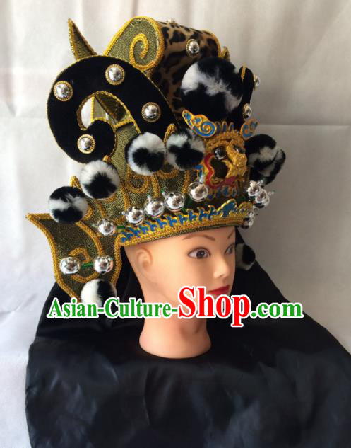 Chinese Beijing Opera Royal Highness Black Hat Traditional Peking Opera Swordsman Helmet Headwear for Men