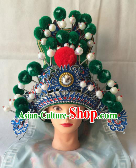 Chinese Beijing Opera Royal Highness Green Hat Traditional Peking Opera Swordsman Helmet Headwear for Men