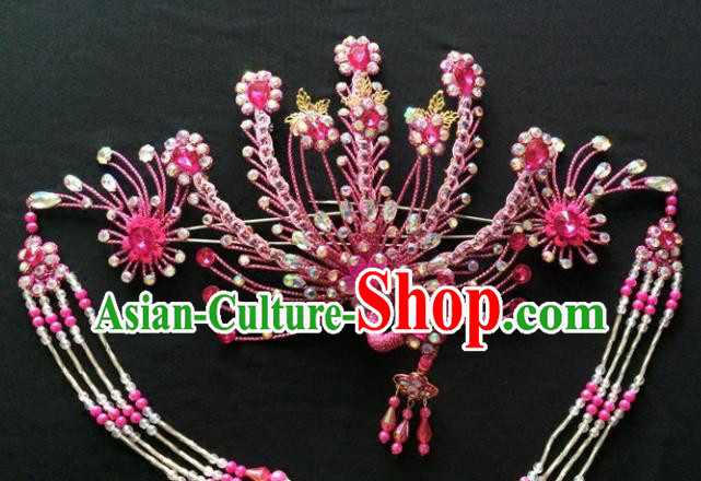 Chinese Beijing Opera Diva Rosy Phoenix Hair Crown Traditional Peking Opera Queen Hairpins Hair Accessories for Women