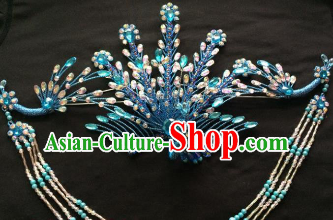 Chinese Beijing Opera Diva Blue Phoenix Hair Crown Traditional Peking Opera Queen Hairpins Hair Accessories for Women