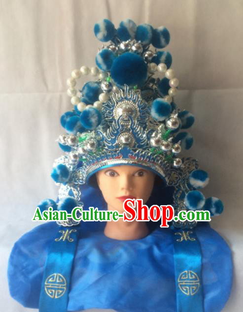 Chinese Beijing Opera Imperial Bodyguard Blue Hat Traditional Peking Opera Takefu Headwear for Men