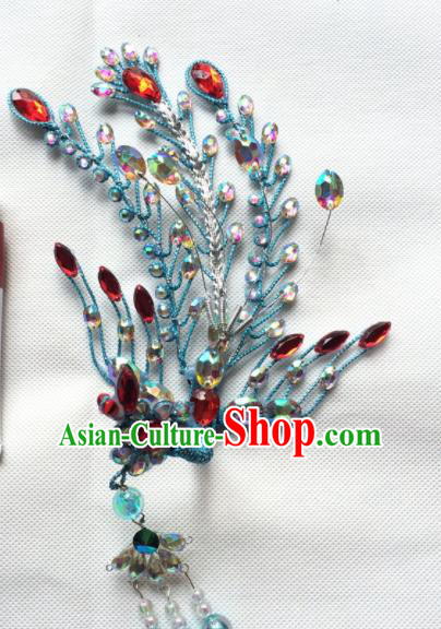 Chinese Beijing Opera Diva Blue Phoenix Hairpins Traditional Peking Opera Princess Hair Accessories for Women