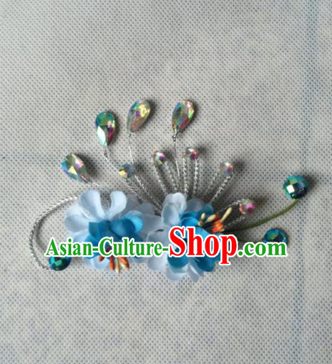 Chinese Beijing Opera Diva Blue Silk Flowers Hair Claw Hairpins Traditional Peking Opera Hair Accessories for Women