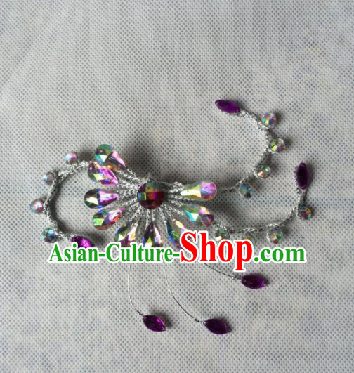Chinese Beijing Opera Diva Purple Crystal Hair Claw Hairpins Traditional Peking Opera Hair Accessories for Women