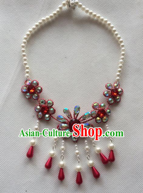 Chinese Beijing Opera Princess Red Flowers Necklace Traditional Peking Opera Diva Necklet Accessories for Women