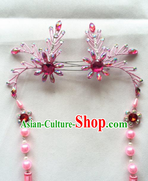 Chinese Beijing Opera Princess Pink Tassel Hairpins Traditional Peking Opera Diva Hair Accessories for Women
