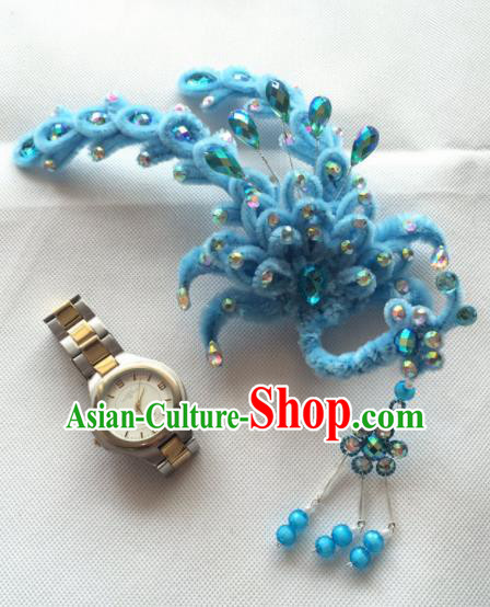 Chinese Beijing Opera Princess Blue Velvet Phoenix Hairpins Traditional Peking Opera Diva Hair Accessories for Women