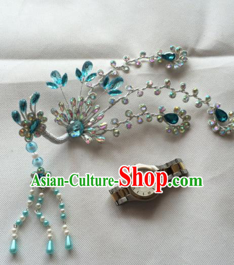 Chinese Beijing Opera Princess Blue Crystal Phoenix Hairpins Traditional Peking Opera Diva Hair Accessories for Women