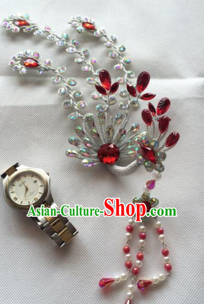 Chinese Beijing Opera Princess Red Crystal Phoenix Hairpins Traditional Peking Opera Diva Hair Accessories for Women