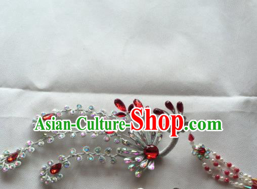 Chinese Beijing Opera Princess Red Crystal Phoenix Hairpins Traditional Peking Opera Diva Hair Accessories for Women