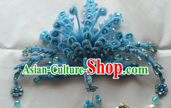 Chinese Beijing Opera Queen Blue Velvet Phoenix Hair Crown Hairpins Traditional Peking Opera Diva Hair Accessories for Women