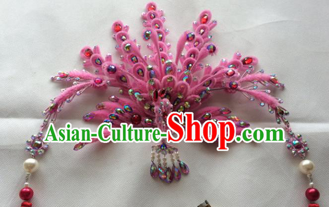 Chinese Beijing Opera Queen Pink Velvet Phoenix Hair Crown Hairpins Traditional Peking Opera Diva Hair Accessories for Women