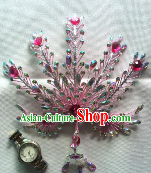 Chinese Beijing Opera Queen Pink Phoenix Hair Crown Hairpins Traditional Peking Opera Diva Hair Accessories for Women