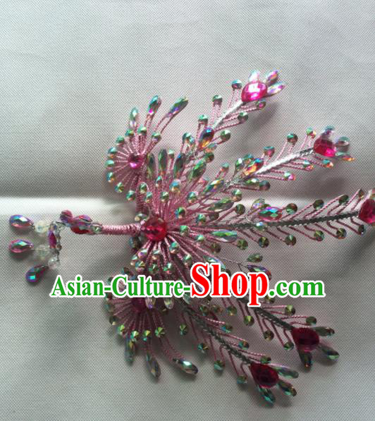 Chinese Beijing Opera Queen Pink Phoenix Hair Crown Hairpins Traditional Peking Opera Diva Hair Accessories for Women