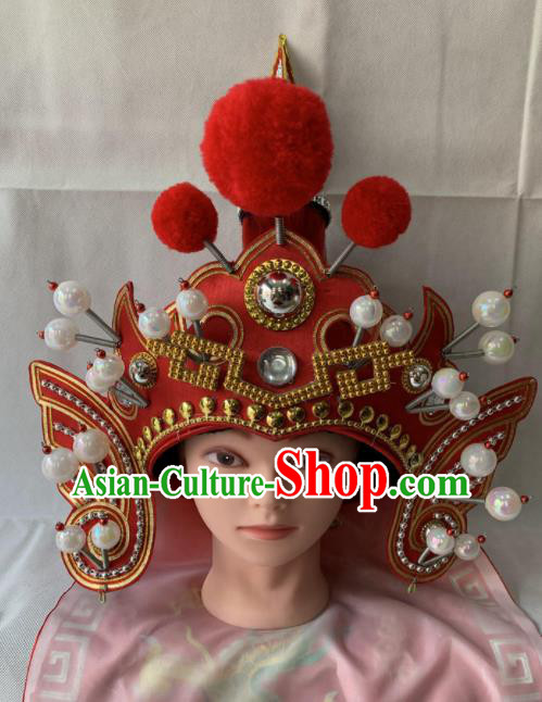 Chinese Beijing Opera Takefu Red Hat Traditional Peking Opera Soldier Helmet Headwear for Men