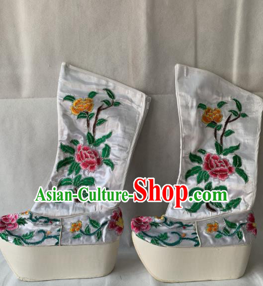 Chinese Beijing Opera Female White Boots Traditional Peking Opera Blues Embroidered Shoes for Women