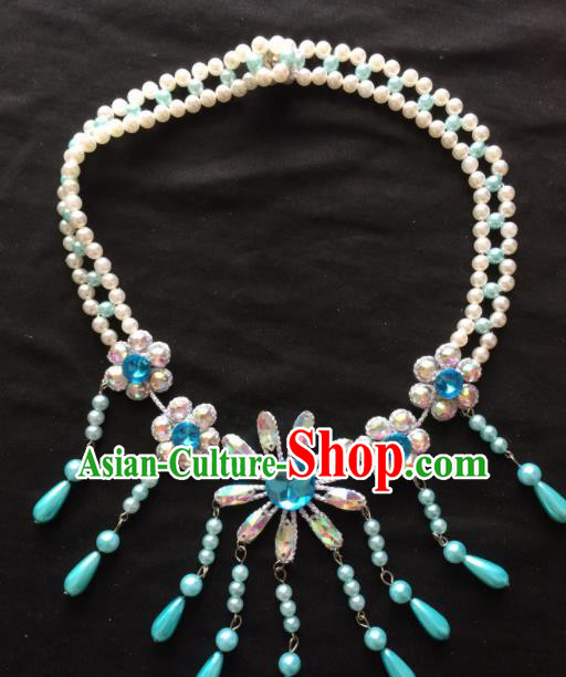 Chinese Beijing Opera Diva Blue Tassel Necklace Traditional Peking Opera Princess Necklet Accessories for Women