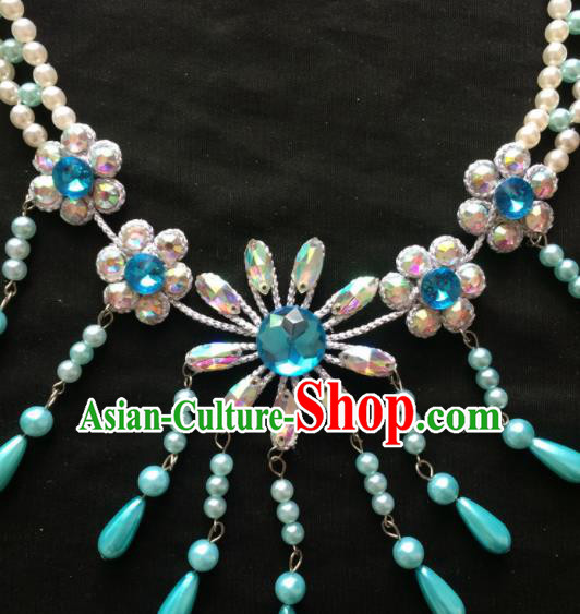 Chinese Beijing Opera Diva Blue Tassel Necklace Traditional Peking Opera Princess Necklet Accessories for Women