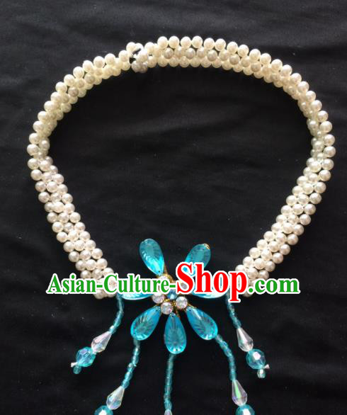 Chinese Beijing Opera Diva Blue Flower Necklace Traditional Peking Opera Princess Necklet Accessories for Women