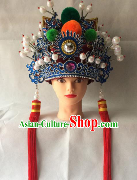 Chinese Beijing Opera Prince Helmet Red Hat Traditional Peking Opera Takefu Headwear for Men