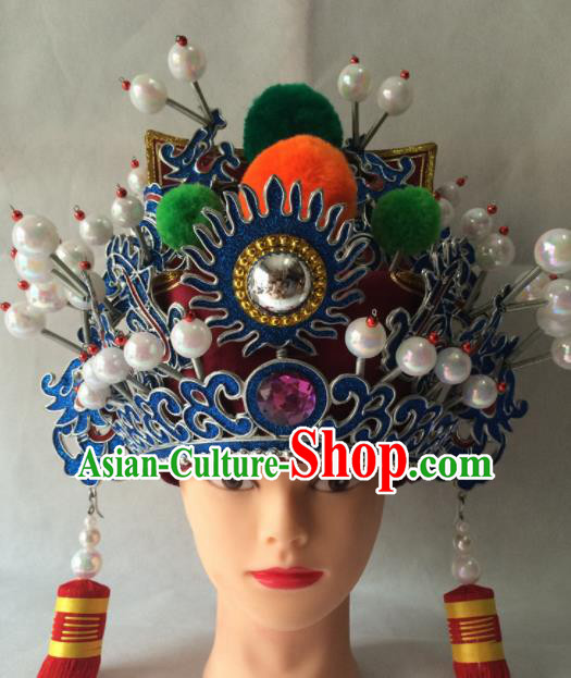 Chinese Beijing Opera Prince Helmet Red Hat Traditional Peking Opera Takefu Headwear for Men