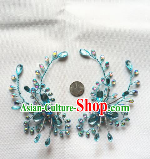 Chinese Beijing Opera Actress Blue Crystal Hair Claw Traditional Peking Opera Princess Hair Accessories for Women