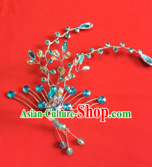 Chinese Ancient Princess Blue Crystal Phoenix Hairpin Traditional Peking Opera Actress Hair Accessories for Women