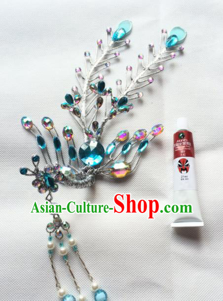 Chinese Ancient Princess Blue Crystal Phoenix Tassel Hairpin Traditional Peking Opera Actress Hair Accessories for Women