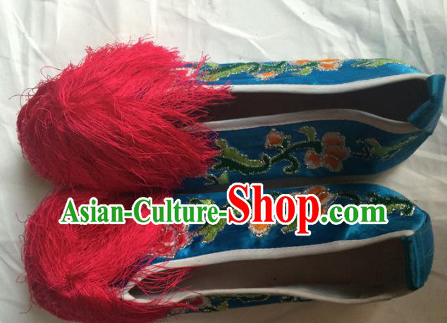 Chinese Beijing Opera Princess Blue Shoes Traditional Peking Opera Diva Embroidered Shoes for Women