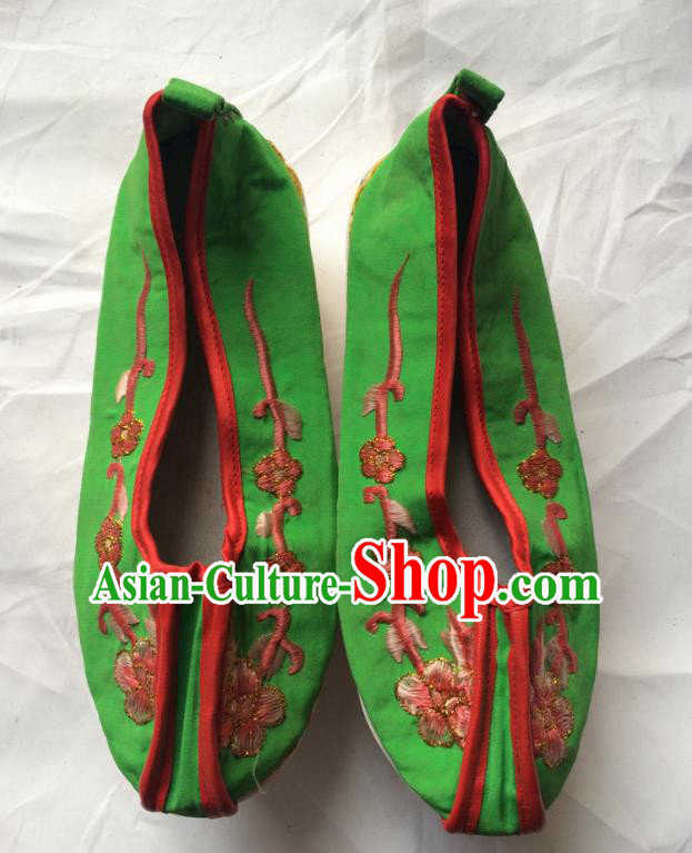 Chinese Beijing Opera Princess Green Shoes Traditional Peking Opera Diva Embroidered Shoes for Women