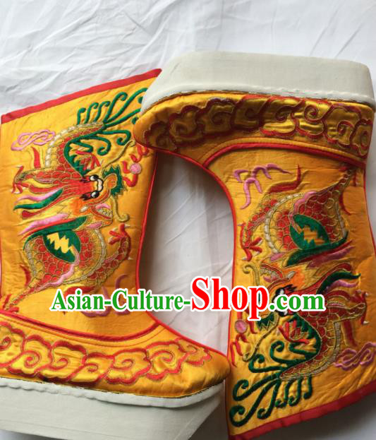 Chinese Beijing Opera Embroidery Dragon Golden Boots Traditional Peking Opera Takefu Embroidered Shoes for Men