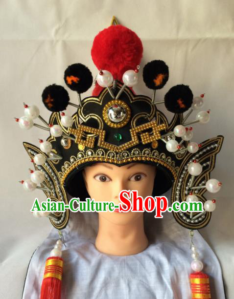 Chinese Beijing Opera General Black Hat Traditional Peking Opera Takefu Headwear for Men