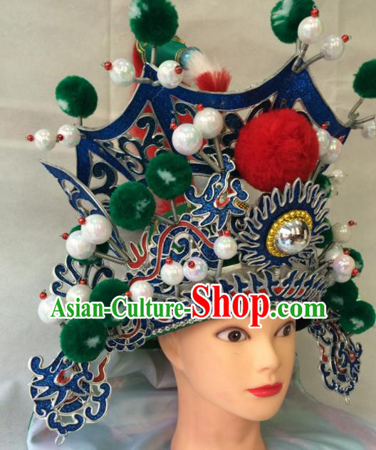 Chinese Beijing Opera General Green Helmet Traditional Peking Opera Takefu Hat Headwear for Men