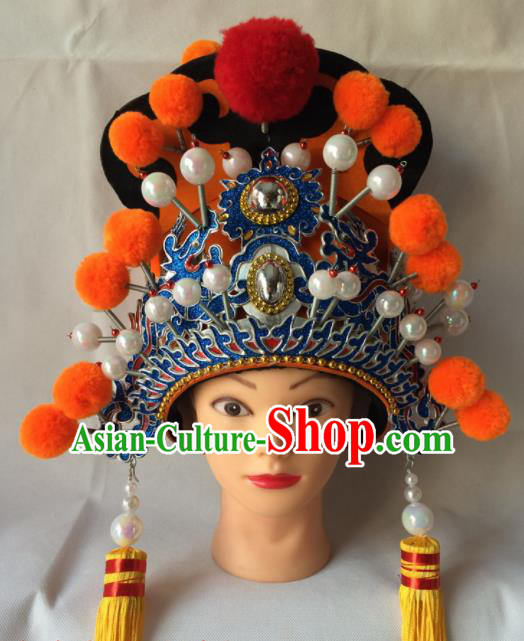 Chinese Beijing Opera Minister Orange Helmet Traditional Peking Opera Eunuch Hat Headwear for Men