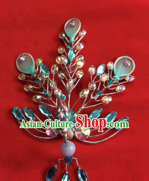 Chinese Beijing Opera Actress Blue Crystal Phoenix Hairpins Traditional Peking Opera Princess Hair Accessories for Women