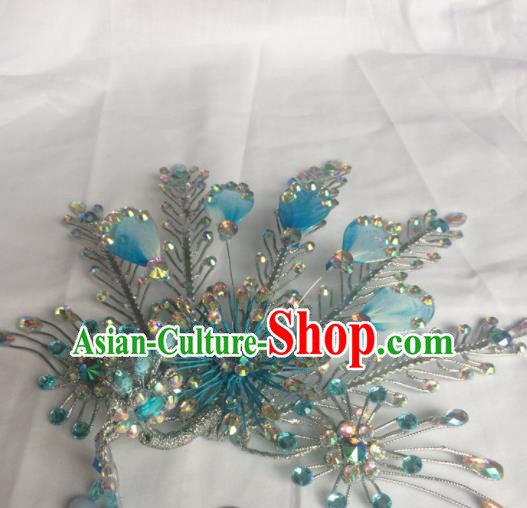 Chinese Beijing Opera Diva Blue Phoenix Hair Clip Hairpins Traditional Peking Opera Hair Accessories for Women