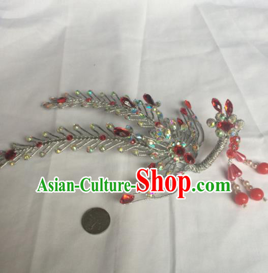 Chinese Beijing Opera Diva Red Tassel Phoenix Hair Clip Hairpins Traditional Peking Opera Hair Accessories for Women