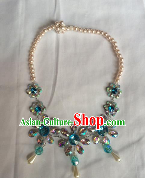 Chinese Beijing Opera Princess Blue Necklace Traditional Peking Opera Diva Necklet Accessories for Women