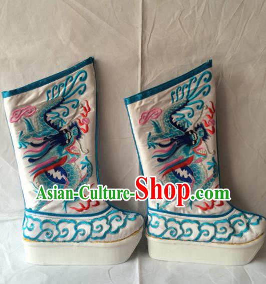 Chinese Beijing Opera Emperor White Boots Traditional Peking Opera Takefu Embroidered Shoes for Men