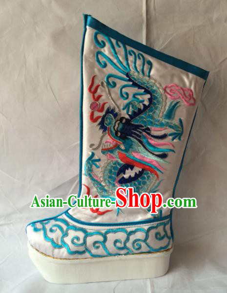 Chinese Beijing Opera Emperor White Boots Traditional Peking Opera Takefu Embroidered Shoes for Men