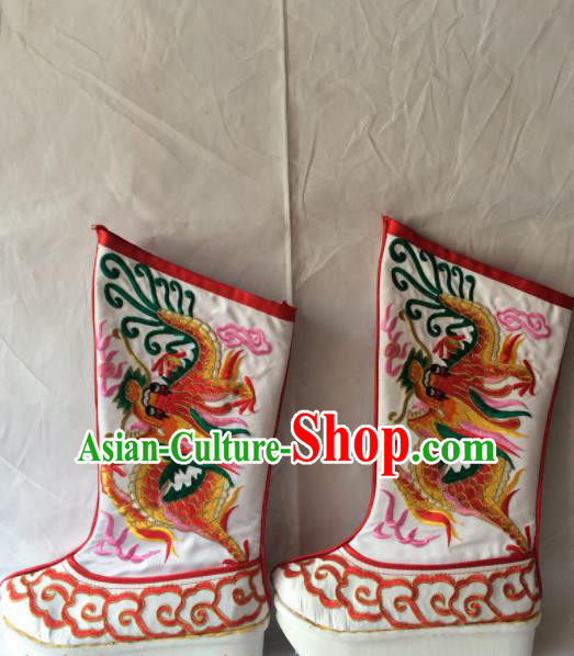 Chinese Beijing Opera Emperor White Boots Traditional Peking Opera Takefu Embroidered Red Dragon Shoes for Men