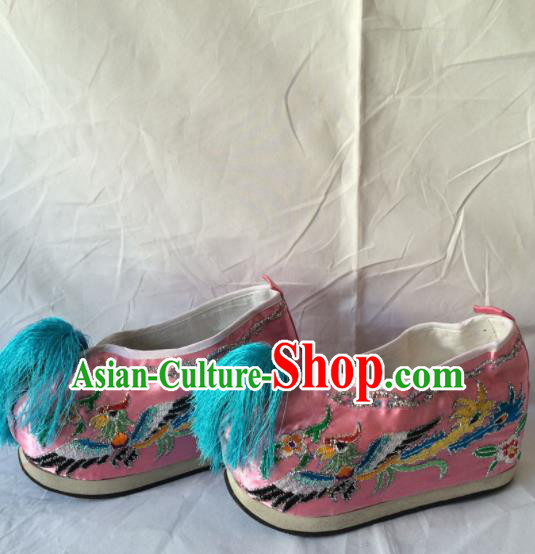 Chinese Beijing Opera Princess Pink Shoes Traditional Peking Opera Diva Embroidered Shoes for Women