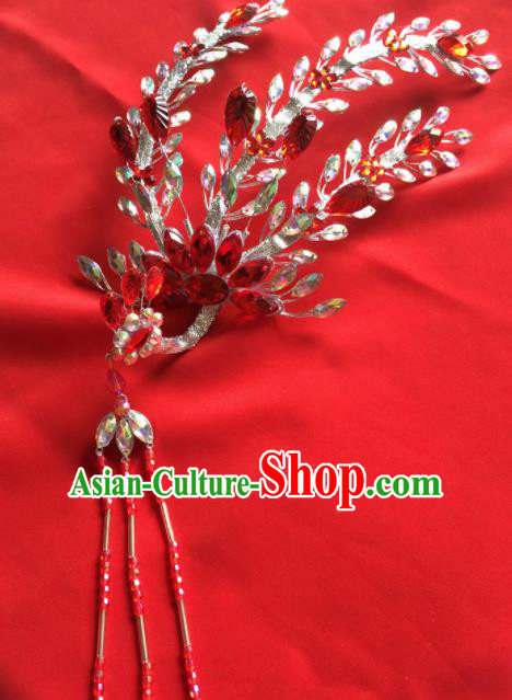 Chinese Beijing Opera Actress Red Phoenix Hairpins Traditional Peking Opera Princess Hair Accessories for Women