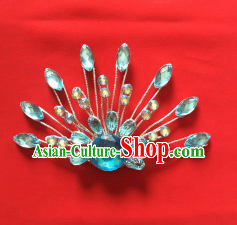 Chinese Beijing Opera Princess Blue Crystal Hair Claw Hairpins Traditional Peking Opera Diva Hair Accessories for Women